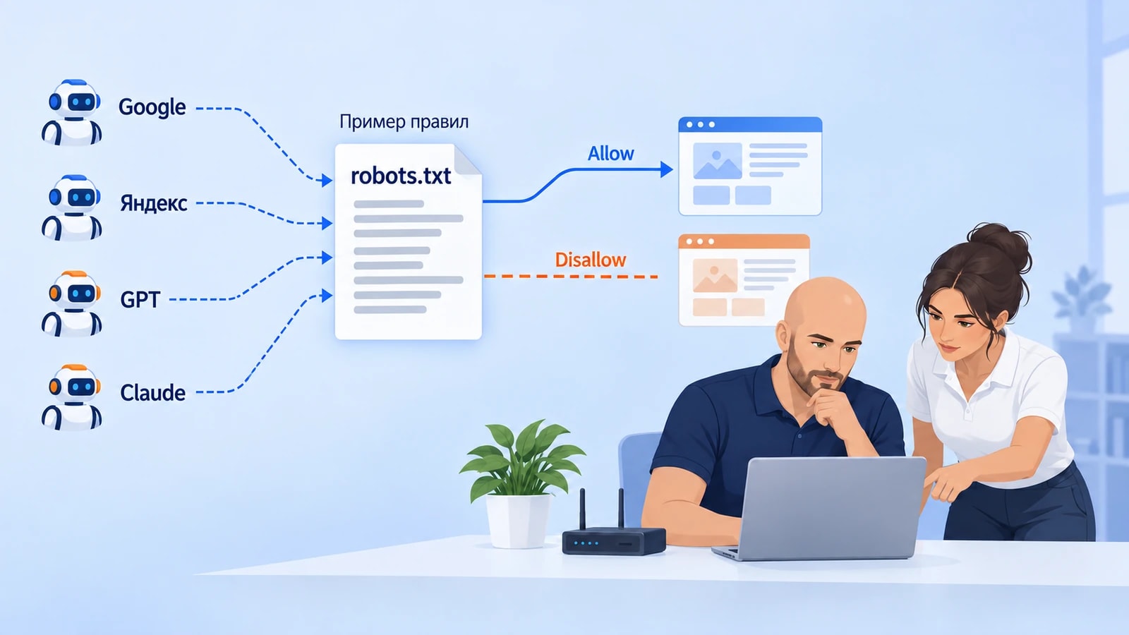 Пример robots.txt: совместимые роботы сверяются с правилами Allow и Disallow для путей сайта.